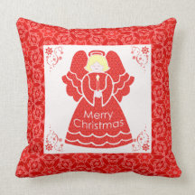 Merry Christmas Angel in Red Lace Throw Pillows