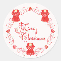 Merry Christmas Angels in Red Lace Round Stickers
