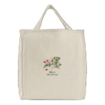 Merry Christmas embroidered holly canvas tote bag
