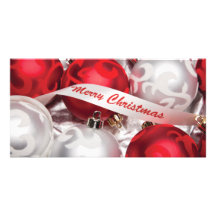 Merry Christmas in Red Silver White Personalized Photo Card