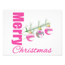 Merry Christmas Pink Whimsical Tree Ornaments Personalized Announcements