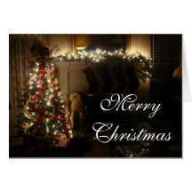 Merry Christmas tree and fireplace Greeting Cards