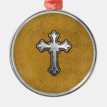 Metal Cross on Gold Leather Christmas Ornament