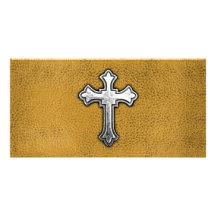 Metal Cross on Gold Leather Personalised Photo Card