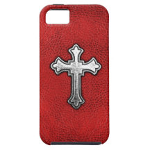 Metal Cross on Red Leather