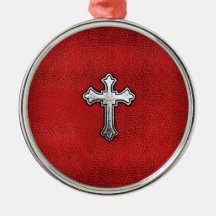 Metal Cross on Red Leather Christmas Tree Ornament