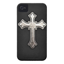 Metallic Crucifix on black leather Iphone 4 Cover
