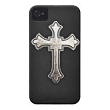 Metallic Crucifix on black leather iPhone 4 Cover