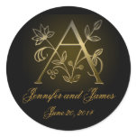 Metallic Gold Monogram A Names Date Wedding Seal 2 Round Stickers