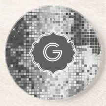 Metallic Silver Sequins Look Disco Mirror-Monogram Coasters