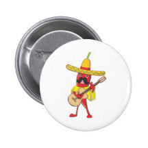 Mexican Chilli Playing a Guitar Pinback Buttons