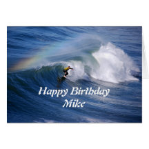 Mike Happy Birthday Surfer With Rainbow Greeting Card
