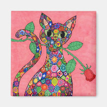Millefiori Cat with Red Rose Refrigerator Magnet