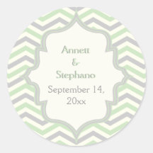 Mint green, grey chevron wedding Save the Date Round Sticker