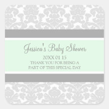 Mint Grey Damask Baby Shower Favour Stickers