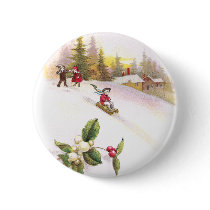 Mistletoe and Sledders Vintage Christmas Pinback Button