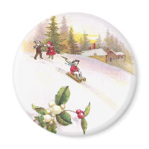 Mistletoe and Sledders Vintage Christmas Refrigerator Magnets
