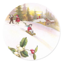 Mistletoe and Sledders Vintage Christmas Round Stickers