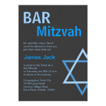 Modern Bar Mitzvah Invitiation- Blue & Grey Custom Announcements
