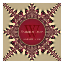 Modern Batik Star Monogram Deep Red Gold Wedding Announcement