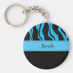 Modern Black and Blue Zebra Personalised Keychain