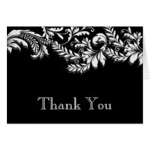 Modern Black Floral Leaf Flourish Thank You Note Cards