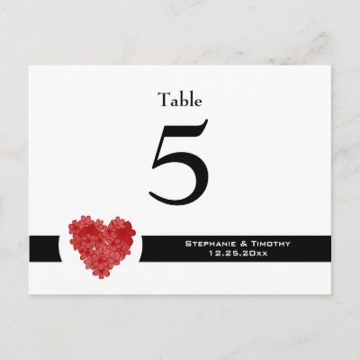 Modern black red floral heart wedding table number post card by Jamene