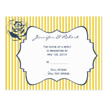 Modern Blue Yellow Stripe Wedding RSVP Post Card