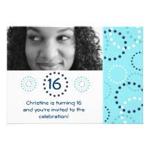 modern blues flower dots circle sweet sixteen invitations