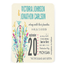 Modern Mason Jar Coral Yellow Lime Floral Wedding Custom Invitation