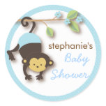 Modern Monkey Sweet Boy Baby Shower in Blue Round Sticker