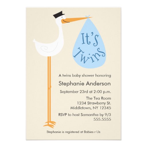 Modern Stork Baby Shower Invitation - Twin Boys