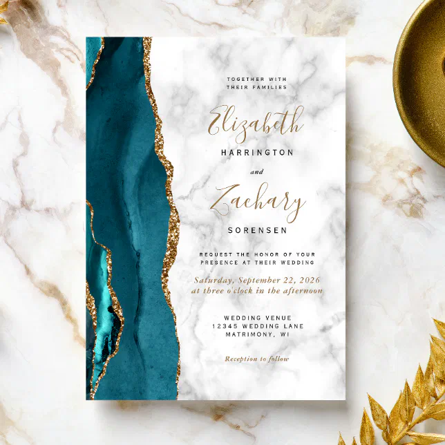 Modern Teal Gold Agate Marble Wedding Invitation Zazzle