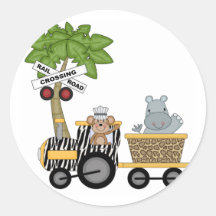 Monkey and Hippo Train Tshirts and Gifts Round Stickers