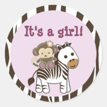 Monkey Baby Shower GIRL labels/seals CJ-O #03A Round Sticker