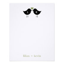 Monogram Birds Wedding Flat Thank You Card - Sage Personalized Announcement