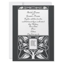Monogram Black and White Vines Wedding Invitation