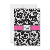Monogram Black & Pink Damask Wedding RSVP Cards