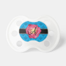 Monogram blue damask pink rose baby pacifier