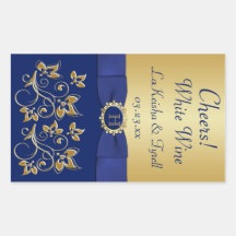 Monogram Blue, Gold Floral Wine Label Sticker