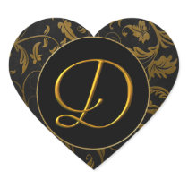 Monogram D Gold and Black Damask Wedding Seal Heart Sticker