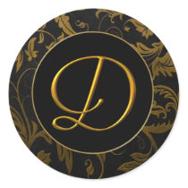 Monogram D Gold and Black Damask Wedding Seal Sticker