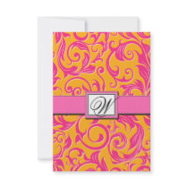 Monogram Damask Orange & Pink Wedding RSVP Cards