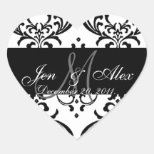 Monogram Damask Wedding Favour Sticker Heart Shape