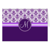 Monogram Elegant Vintage Purple and White Damask Cards