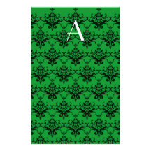 Monogram Green damask Personalized Stationery