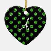 Monogram green glitter polka dots christmas tree ornaments