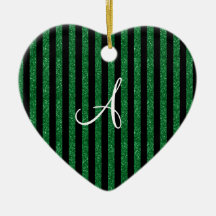 Monogram green glitter stripes christmas tree ornaments