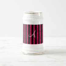Monogram hot pink glitter stripes coffee mugs