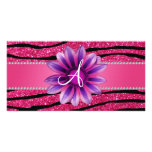 Monogram hot pink glitter zebra stripes daisy photo cards